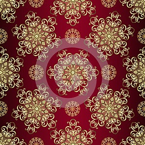 Vector Christmas pattern with golden snowflakes, dark red background