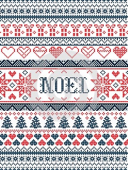 Vector Christmas pattern Noel inspired by festive, winter Nordic culture in cross stitch with hearts, christmas present