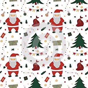 Vector christmas pattern with santa claus, christmas tree, flags, garland, gift boxes, bag with presents, stars, confetti,