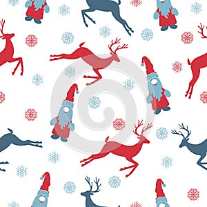 Vector Christmas pattern.Seamless illustration with reindeer and Santa Claus, snowflakes on a white background. It is applicable
