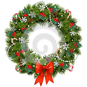 Vector Christmas Pine Fluffy Wreath with Red Berry