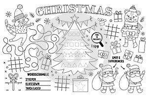Vector Christmas placemat for kids. Winter holiday printable activity mat with maze, tic tac toe charts, connect the dots, find