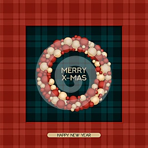 Vector christmas postcard with greeting words, tartan pattern and wreath. design for christmas, cards, presents, covers, p