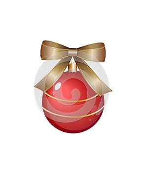 Vector christmas red ball with gold stars and red bow ribbon. Great decorative element for your Christmas and New year