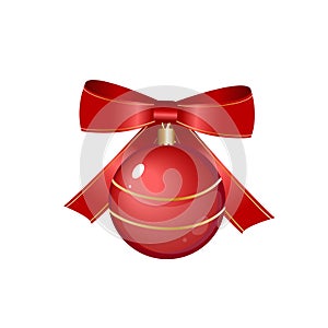 Vector christmas red ball with gold stars and red bow ribbon. Great decorative element for your Christmas and New year