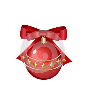 Vector christmas red ball with gold stars and red bow ribbon. Great decorative element for your Christmas and New year design.