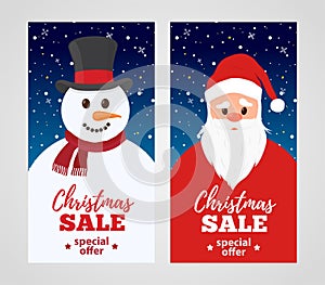 Vector Christmas sale - cartoon Santa Claus with snowman.