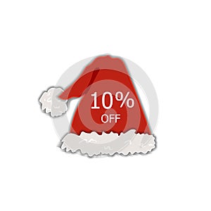 Vector Christmas Sale Label, Discount Tag, 10 Percents Off, Santa`s Red Holiday Hat, Colorful Decorative Element.