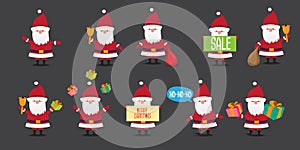 Vector christmas Santa Claus big set with santa holding gifts, secret santa , red hat , christmas tree, presents, sale