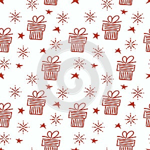 Vector Christmas seamless background with Christmas gifts, stars, snowflakes