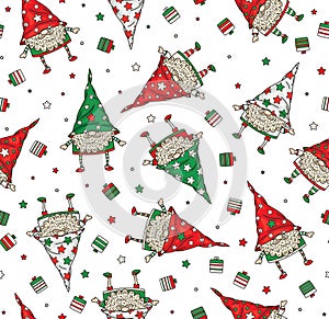 Vector Christmas seamless pattern of funny gnomes cartoons,  isolated on white photo