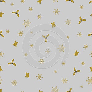 Vector Christmas seamless pattern from golden snowflakes, bells and berry on grey background.