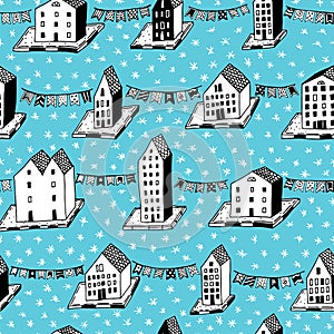 Vector christmas seamless pattern with houses and ornaments. Can be printed and used as wrapping paper, wallpaper