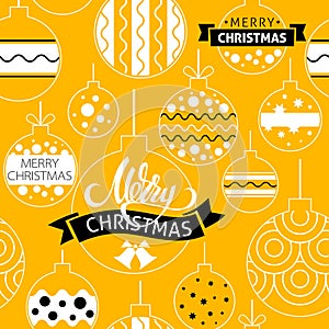 A vector christmas seamless pattern. Merry christmas lettering with ornamented balls. Christmas decoration and souvenirs in yellow