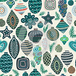 Vector Christmas seamless pattern with pine cones, balls, Christmas decorations, Christmas decorations. Vintage holiday