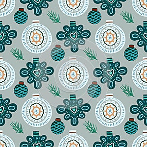 Vector Christmas seamless pattern with pine cones, balls, Christmas decorations, Christmas decorations. Vintage holiday