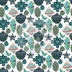 Vector Christmas seamless pattern with pine cones, balls, Christmas decorations, Christmas decorations. Vintage holiday