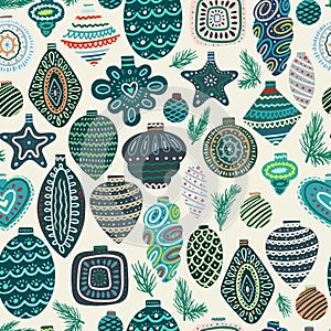 Vector Christmas seamless pattern with pine cones, balls, Christmas decorations, Christmas decorations. Vintage holiday repeated