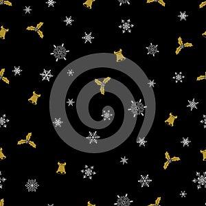 Vector Christmas seamless pattern from white snowflakes, golden bells and berry on black background.