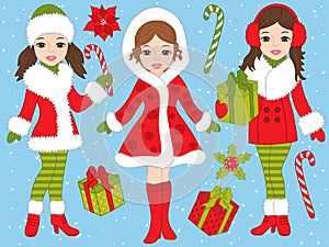 Vector Christmas Set with Beautiful Girls and Xmas Gifts