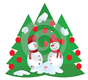 Vector Christmas Snowmen, Christmas Trees, Birds.