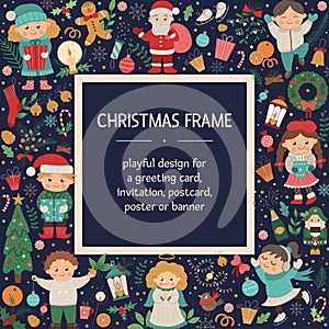 Vector Christmas square layout frame with children, Santa Claus, Angel on dark blue background.