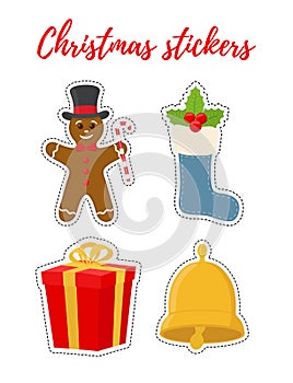 Vector Christmas stickers in cartoon flat style.