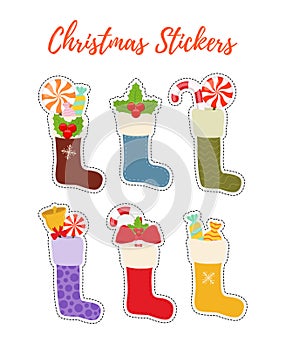 Vector Christmas stickers with stockings, socks with treat, gifts