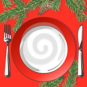 Vector Christmas table decorating setting. Festive cutlery set: fork, knife, empty plate on tablecloth with spruce