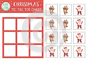 Vector Christmas tic tac toe chart with cute deer and Santa Claus. Winter board game playing field with traditional characters.