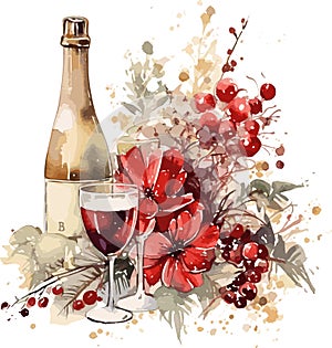 vector christmas traditional table. champagne and glasses. red flowers on the table vector illustration on white