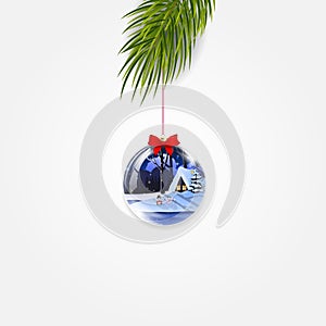 Vector Christmas tree branch with cute shining ball isolated on transparent background