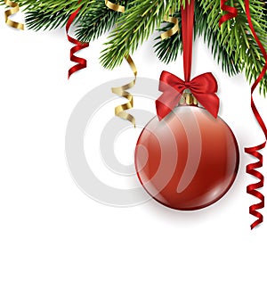 Vector Christmas tree branch with red ball isolated on white. Christmas and new year background with place for your text