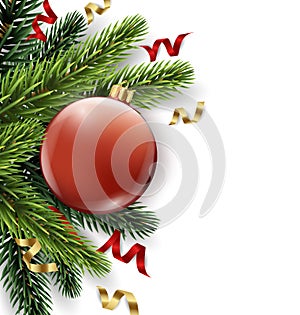 Vector Christmas tree branch with red ball isolated on white. The view from the top. Christmas and new year background