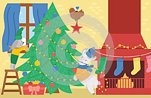 Vector Christmas tree decoration scene with cute animals, chimney, stockings. Winter holiday background. New Year home interior