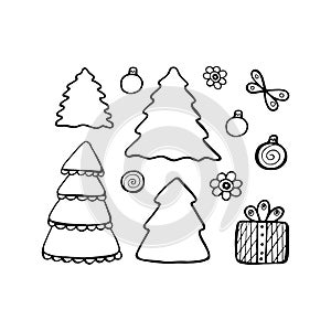 Vector christmas tree. Doodle hand drawn sign. Greeting, invitation card. Childish illustration for print, web