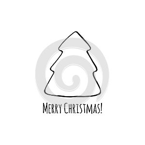 Vector christmas tree. Doodle hand drawn sign. Greeting, invitation card. Childish illustration for print, web