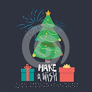 Vector Christmas tree with gifts and lettering on a blue background. Design elements for holiday cards. Make a wish