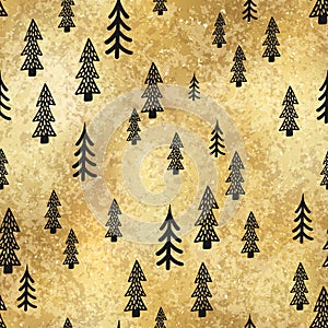 Vector Christmas tree hand drawn gold seamless pattern. Festive winter print on golden shimmer foil background. New Year