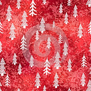 Vector Christmas tree hand drawn seamless pattern. Festive winter forest print on red shimmer foil background. New Year