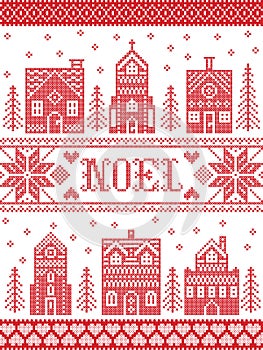 Vector Christmas village pattern Noel inspired by Nordic culture festive winter in cross stitch with hearts, reindeer, decorative