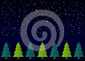 Vector Christmas Winter Background. Night sky, snow, stars with abstract conifers with snow in a row.