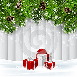 Vector Christmas wooden background with red giftboxes