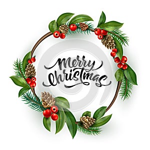 Vector christmas wreath with berry, cone leaves