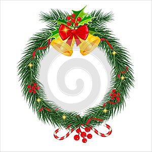 Vector. Christmas wreath border. Frame of green pine. Merry Christmas and Happy New Year 2021. Branches of a Christmas tree . New