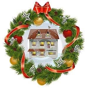 Vector Christmas Wreath with House