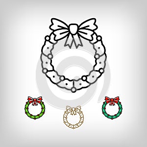 Vector Christmas wreath isolated icon, decoration symbol, line art style