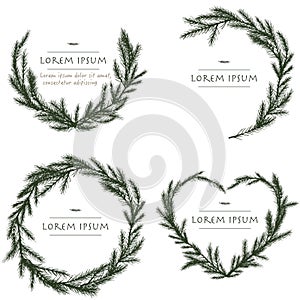 Vector christmas wreath set with pine hand drawn circle background with tree for greeting cards