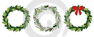 Vector Christmas wreath set with winter floral elements. Season greeting card. Vector illustration