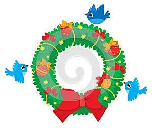 Vector Christmas wreath of spruce branches with flying birds